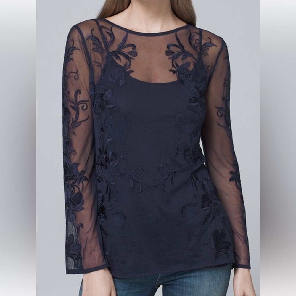 NWT  WHBM Floral-Embroidered Mesh Tunic